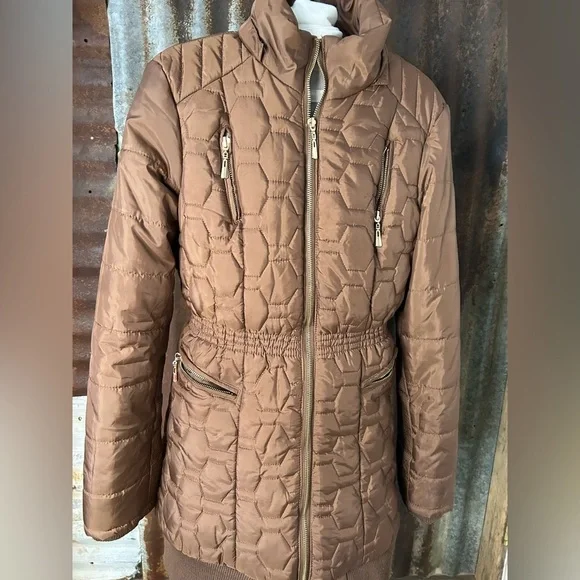 Daisy Quilted Puffer Coat Brown Zip Front Long Jacket- size small - Picture 2 of 8
